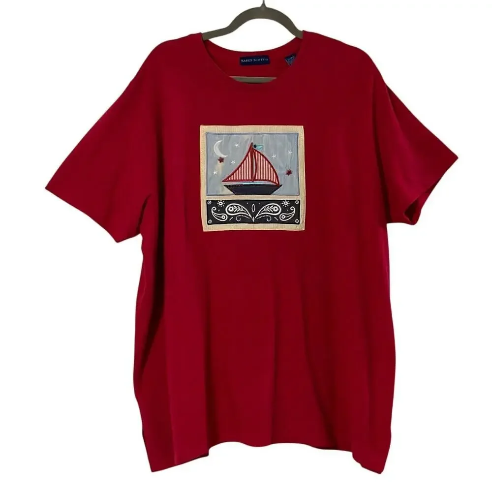 Karen Scott Red Nautical Sailboat Graphic Tee XL